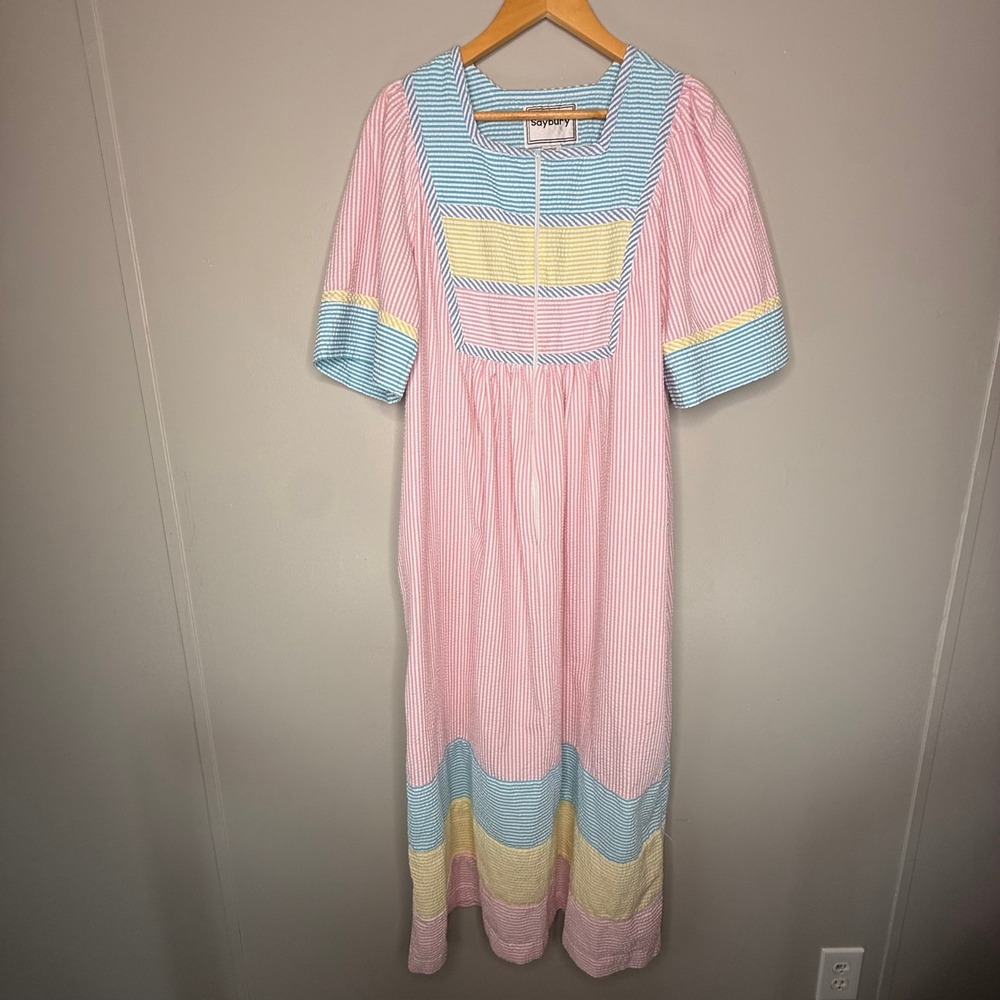 Vintage Saybury  M  Seersucker Patchwork Zipper Front Lounger House Dress Maxi